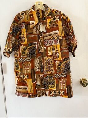 Vintage 60s Barefoot in Paradise brown gold Hawaiian tiki button down shirt Sz M